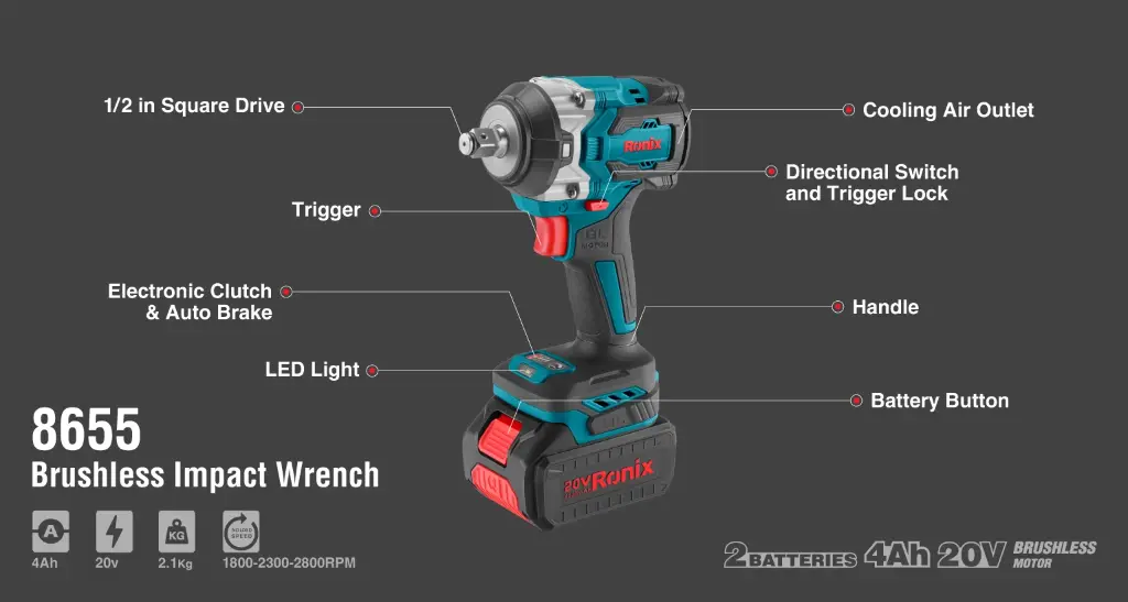 20V Brushless impact Wrench 1/2inch-550 Nm