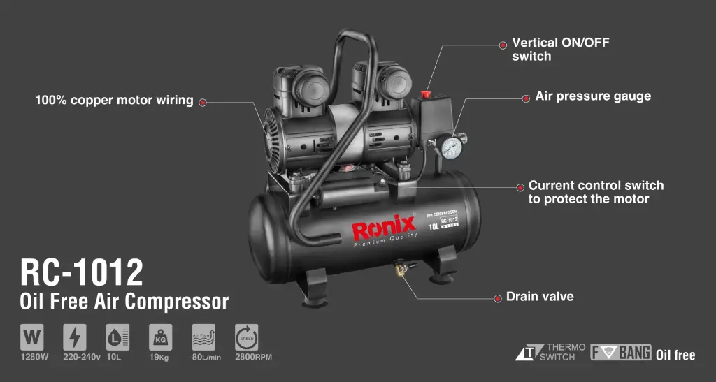 Silent Air Compressor 10L-1280W OIL FREE
