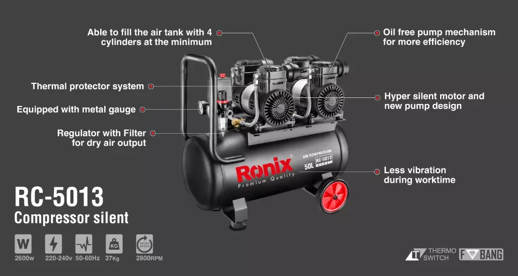 Silent Air Compressor 50L-2600W (double motor)