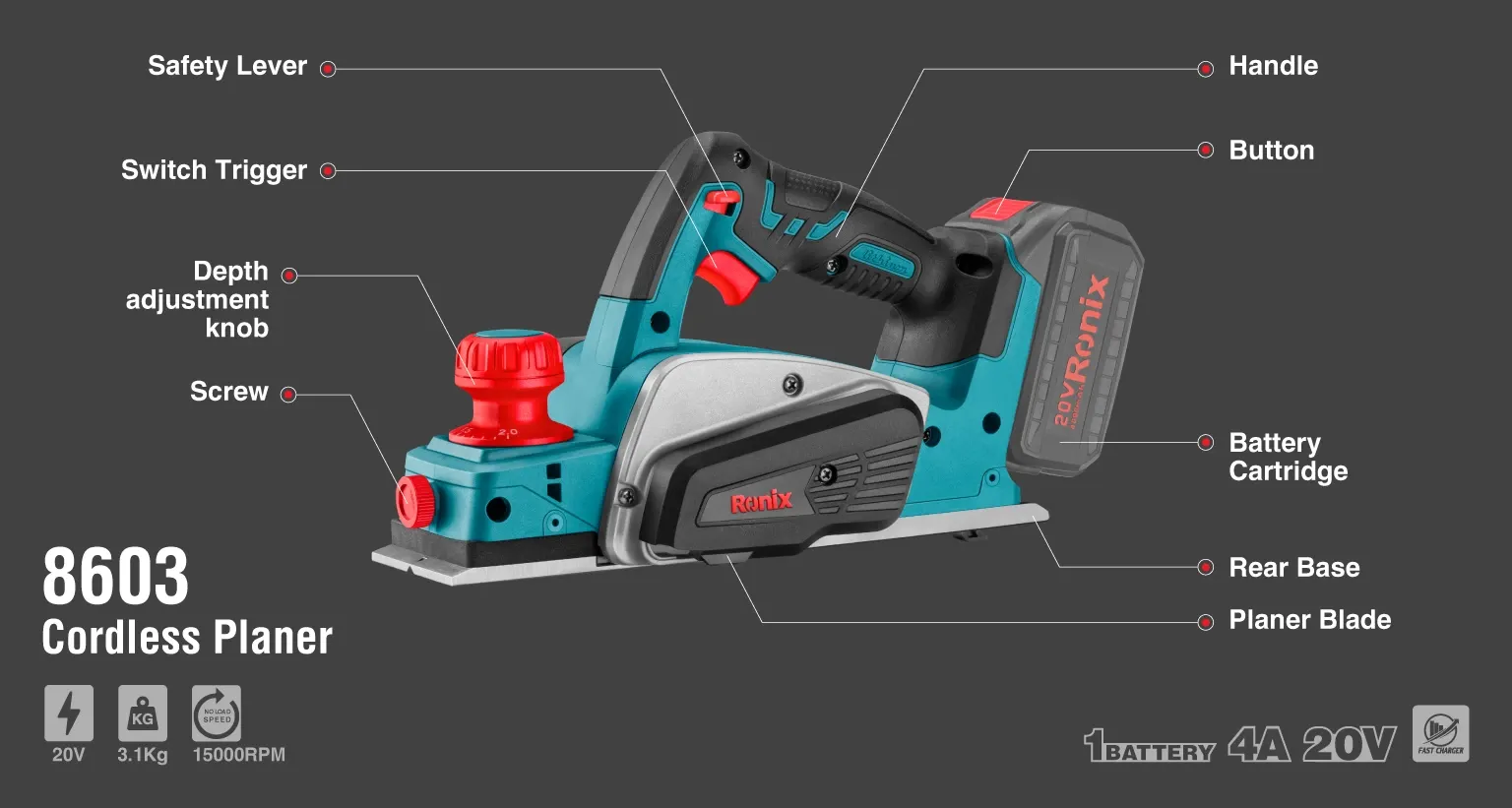 20V Cordless Planer 15000Rpm