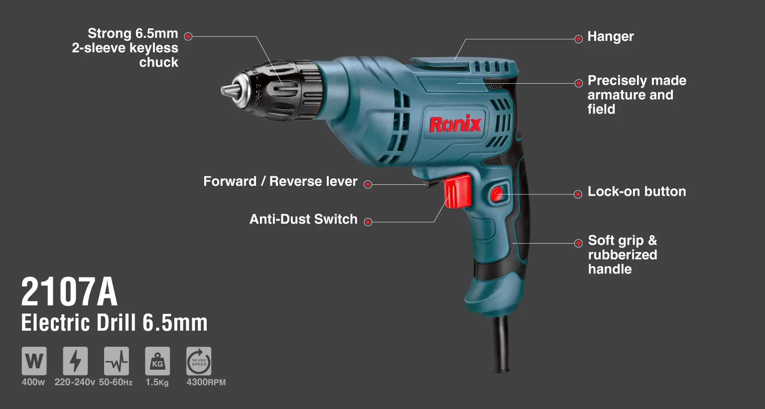Electric Drill 400W-6.5mm Keyless-4300 RPM