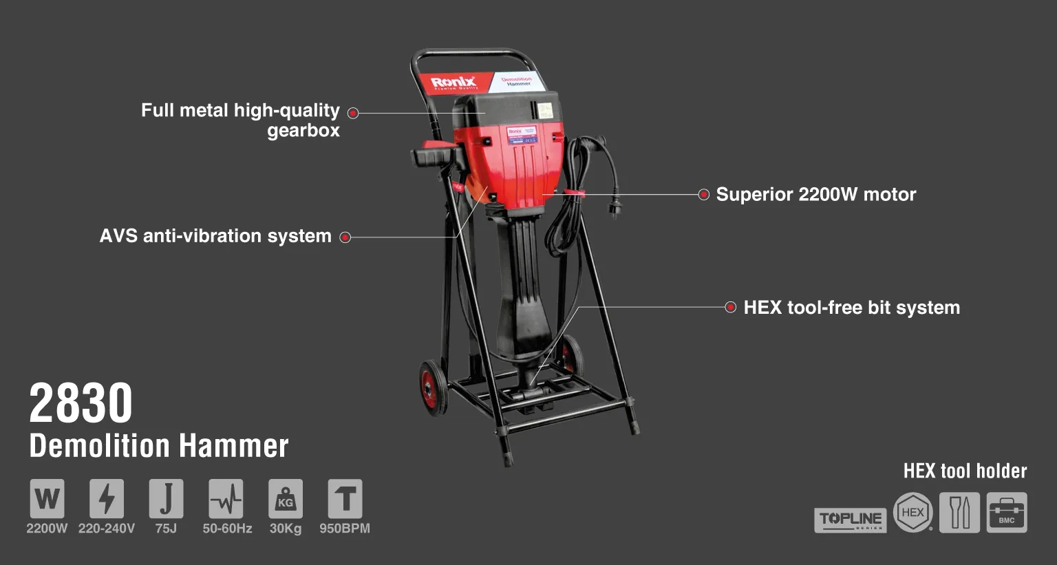 Demolition Hammer Drill 2200W, 28mm