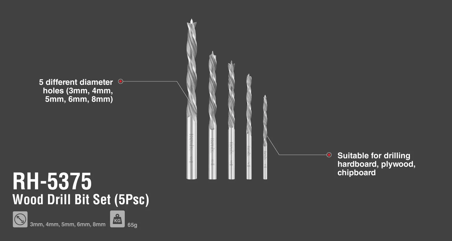 Wood Drill Bit Set 5pcs C45/C70