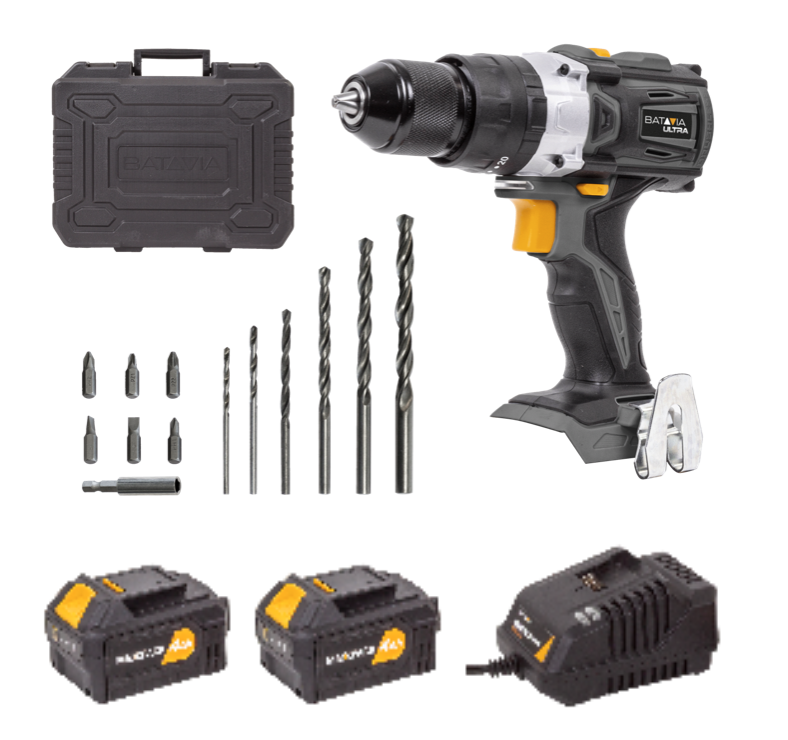 Batavia 18V brushless combi drill 60 Nm. With 2 x battery 4Ah and 1 x charger 2.4A
