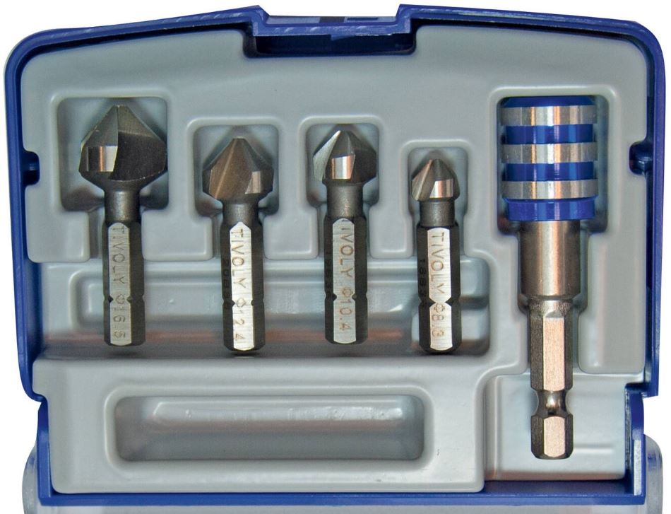 Set of 4 Countersinks + magnetic bit holder. HSS, ØD=8,3-16,5mm.  Bright, uncoated, 1/4" hex shank "Half-box"