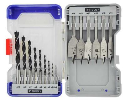 Set of wood drills 15pcs: 6 flat bits + 9 brad point bits