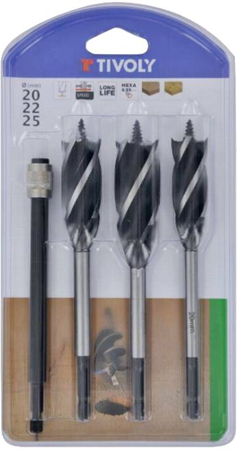 Wood drill bits with 4 cutting edges 20/22/25 mm + 1 extension, 1/4 Hex shank