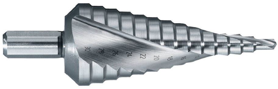 Step drill Ø6-37 mm, HSS. Helicoidal flute. Bright, uncoated. For electricians