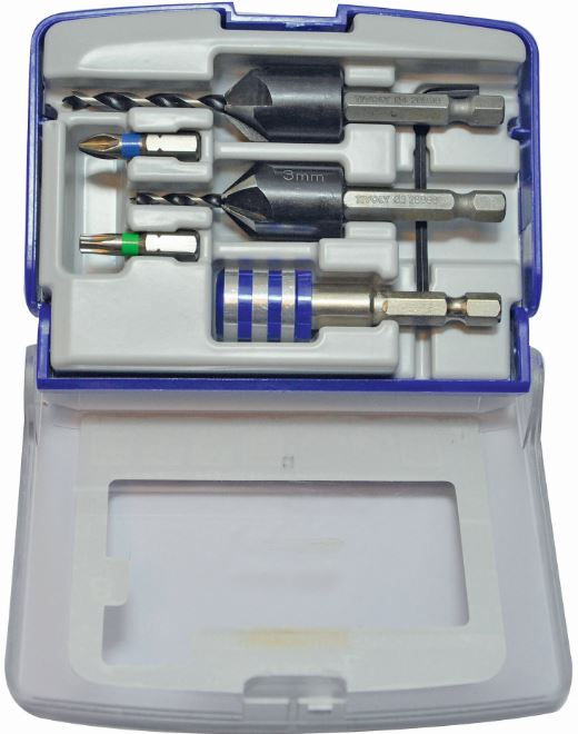 Set of 2 wood drills + countersinks (Ø3, Ø4) + 2 bits (PZ2, TX25) + magnetic bit holder. For terrace screws. "Half-box"