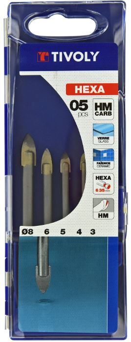 Kõvasulam klaasipuuride komplekt, 5 osa. 1/4" kuuskant kinnitus, 3-4-5-6-8mm