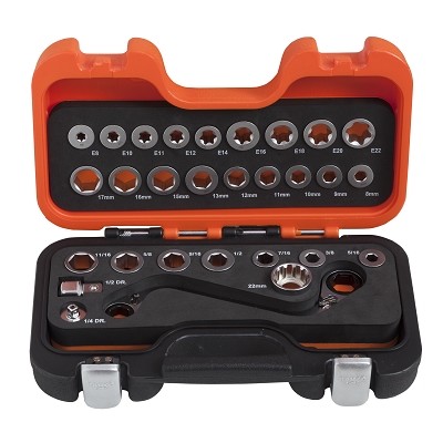 S-type ratcheting ring wrench and adaptors set 1/4" and 1/2" 29pcs