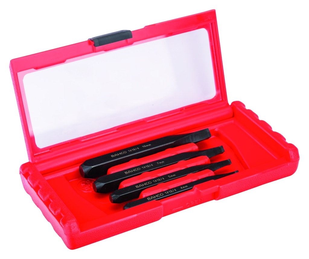 Set of stud extractors for broken-off screws, bolts and studs including 4 sizes: M5-M10; M8- M14; M12-M20; extractors M16-M24