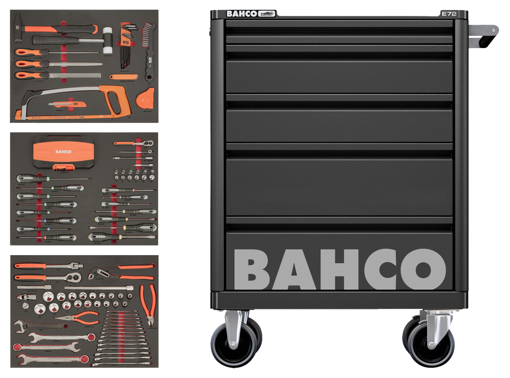 Bahco instrumentu skapis E72, melns, 5 atvilktnes, 675x500x950, komplektā 140 instrumenti