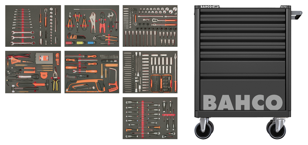Black tool trolley on wheels E72 with 7 drawers 675x500x950mm and with 428 tools