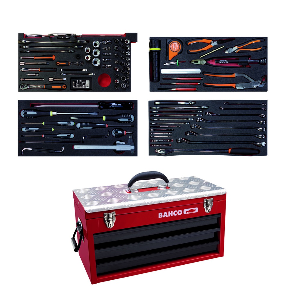 Aviation MRO mechanics tools in foam set 129 pcs in HD metal ridgid case 300x257x523 mm, inch sizes 1/4" and 3/8"