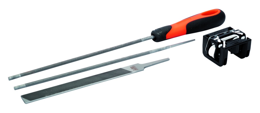Chainsaw sharpening files set with filing guide (two round and one flat)  5,5mm with handle