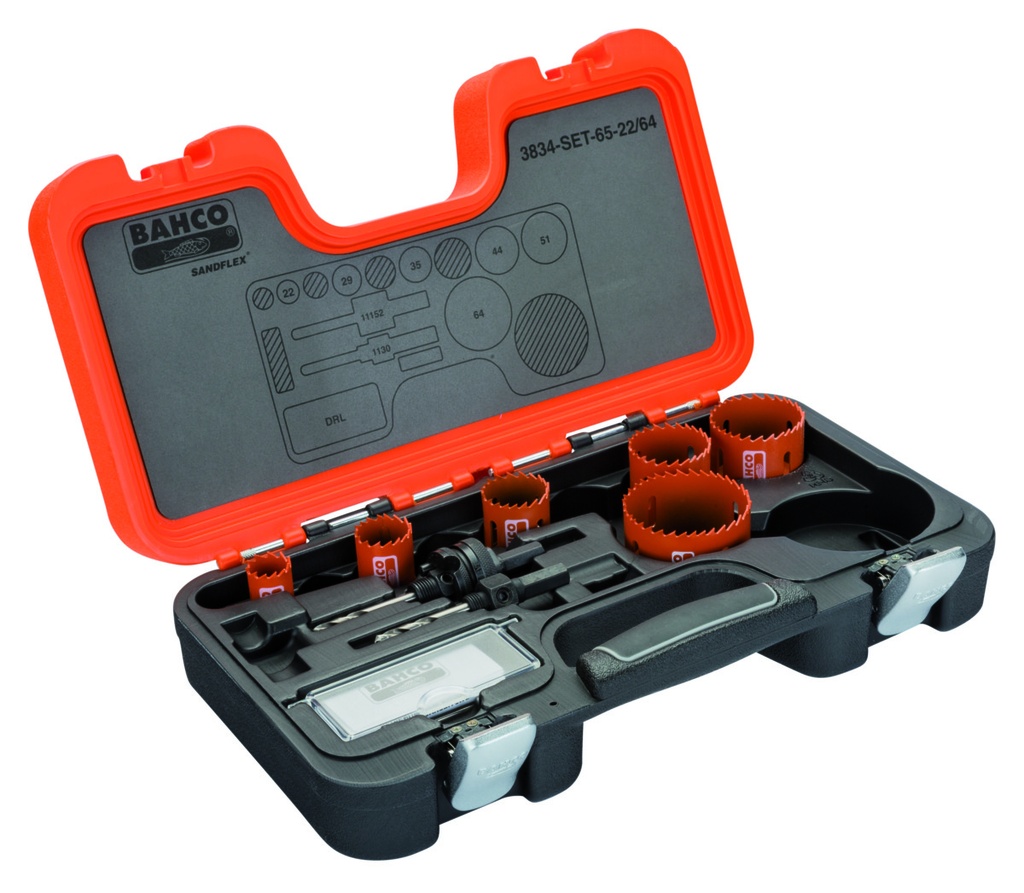 Bi-Metal holesaw set 22-64mm + 2 arbors + 1 pilot drill bit. 9 pcs