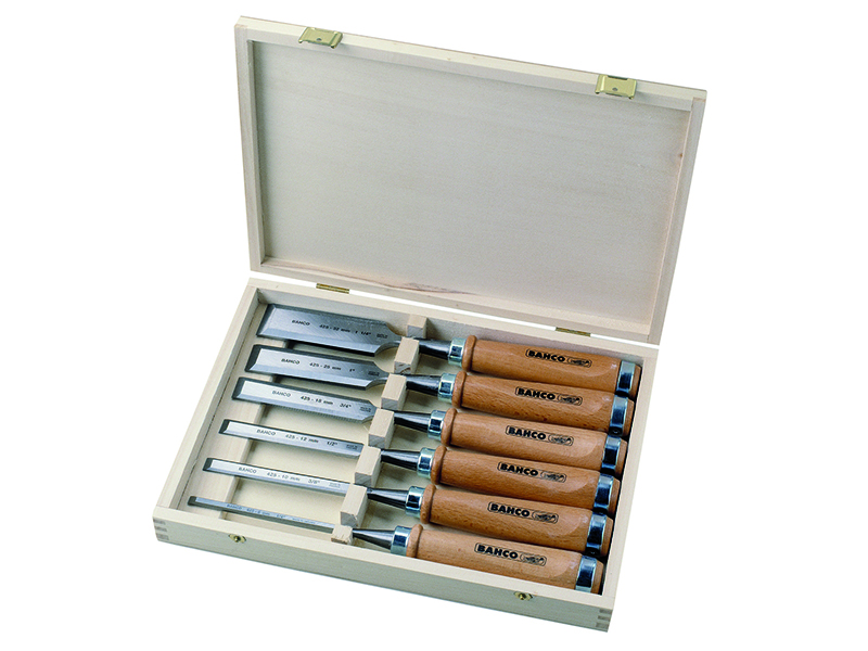 Chisels with wooden handle set 6, 10, 12, 18, 25 and 32mm 6 pcs in wooden box