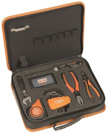 Tools set 7 pcs (bit set, ratcheting screwdriver, adjustable wrench, measuring tape, hexagon key set, side cutter and combination pliers) in toolbag with elastic straps 330x70x270mm