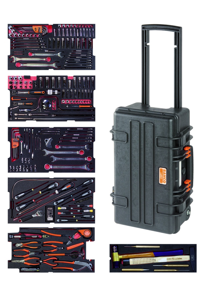 Aviation MRO mechanics tools in foam set 240 pcs in HD ridgid case 267x365x560mm 31L on wheels, metric and inch sizes 1/4" and 3/8"