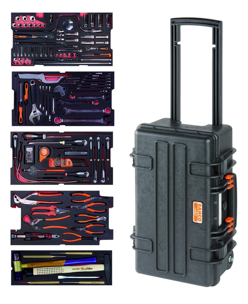 Aviation MRO mechanics tools in foam set 159 pcs in HD ridgid case 267x365x560mm 31L on wheels, inch sizes 1/4" and 3/8"