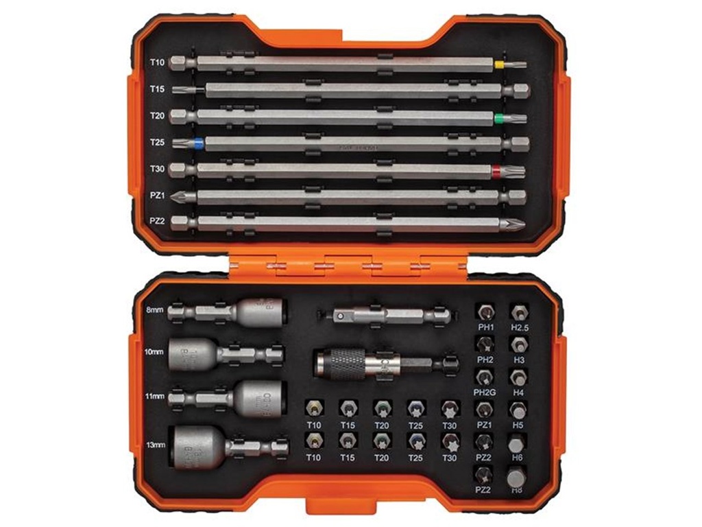 Uzgaļu komplekts 1/4´´, 35 gab ar krāsas kodējumu, 2 adapteri, PH,PH2G,PZ,SL,Hex,TORX 25mm 22 gab, 150mm gab pcs