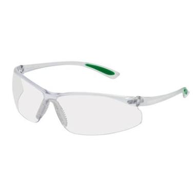 Safety spectacles MSA Featherfit, clear lense, clear/green earpiece, TuffStuff antiscratch coating