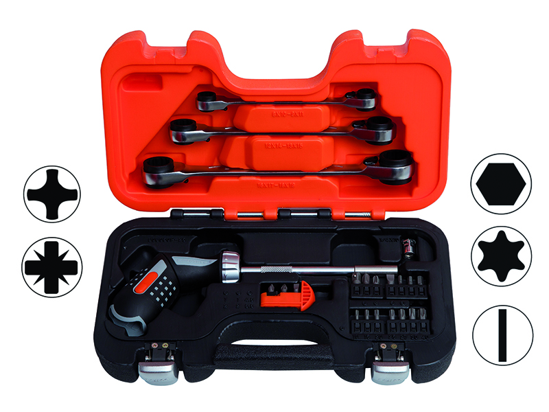 Pistol handle ratcheting screwdriver + bits PH,PZ,SL,HEX,Torx  and ratchet wrenches set 8-19mm 3 pcs