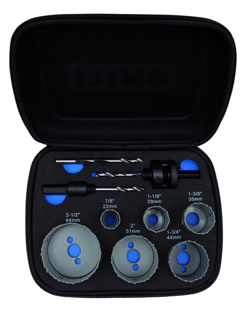 Bi-metal holesaw set 9 pcs (22,29,35,51,64mm) with 2 arbors and replacemet central drill Irimo