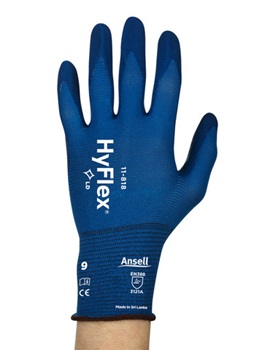 Aizsargcimdi Ansell HyFlex 11-818, izmērs 9. Plāni, elastīgi neilona/spandekss auduma cimdi. Plaukstas daļa ir izgatavota no putu nitrila gumijas