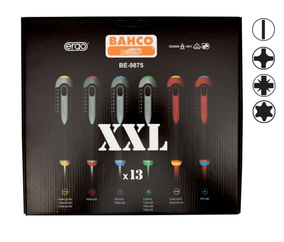 XXL Skrūvgriežu komplekts ERGO™ 13 gab - SL2,5/3,5; PH1 1000V VDE; SL4,0/5,5/6,5; PH2; PZ1/2; T10/15/20/25