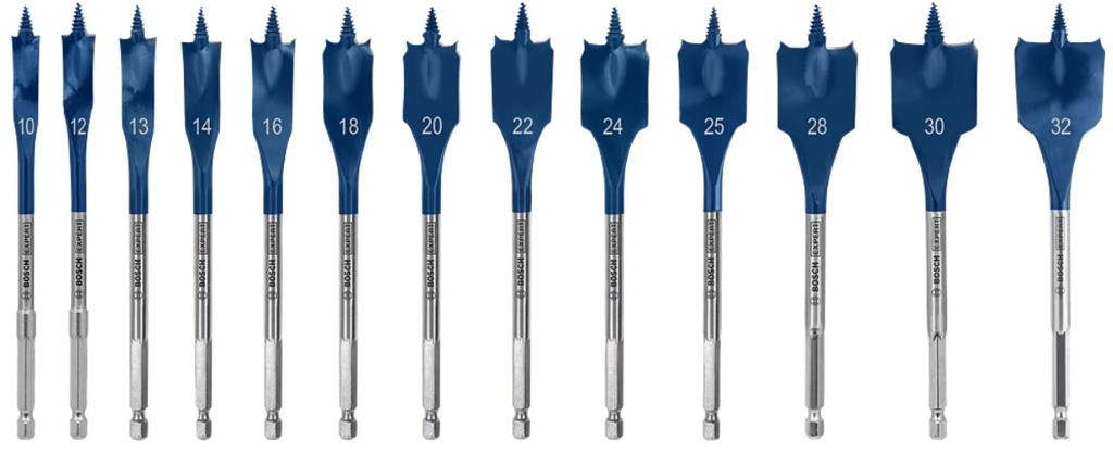 Flat wood drill bit set 10-32 mm, 1/4 hex shank, 13-pcs