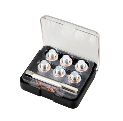 Oil drain plug restorer set. M13*1.5 hand tap, 6 plugs, 12 copper washers