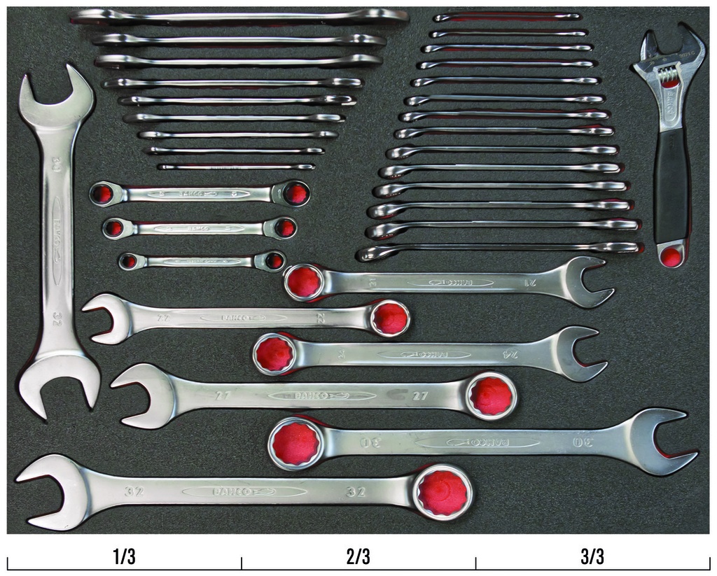 Mixed wrench set (combination, open-end, ratcheting, adjustable) 34pcs in foam