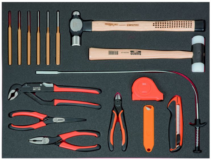 Tools set 11 pcs in foam 35x543x445mm (measuring tape, snap-off knife+blades, pin punches, hammers, pliers)