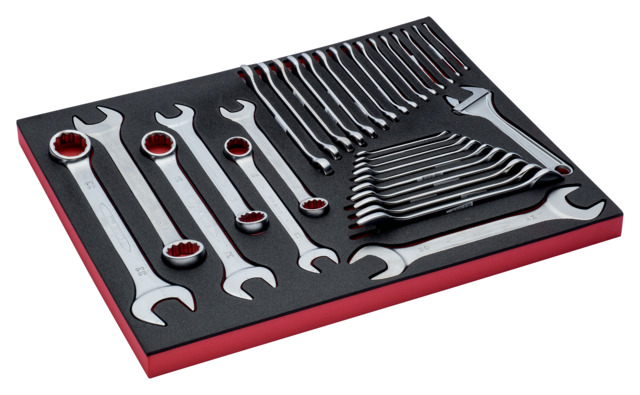 Combination wrenches 111M set 6-32mm 20 pcs, double open end wrenches 6M set 6-32mm 10 pcs + adjustable wrench 92C in foam