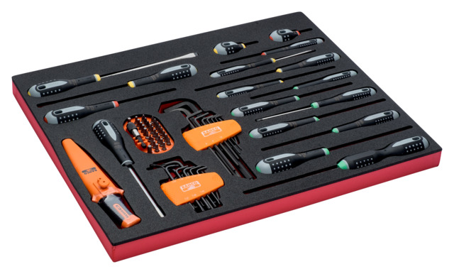 Screwdrivers, L-type hex keys and bits set in foam 51 pcs