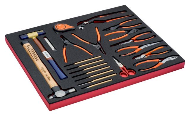 Foam w/ pliers, punches, hammers, measuring tape, 21pcs
