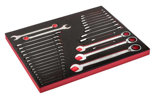 Combination wrenches 111M 6-22mm and combination ratcheting wrenches 1RM 6-27mm setl 31 in foam inlay