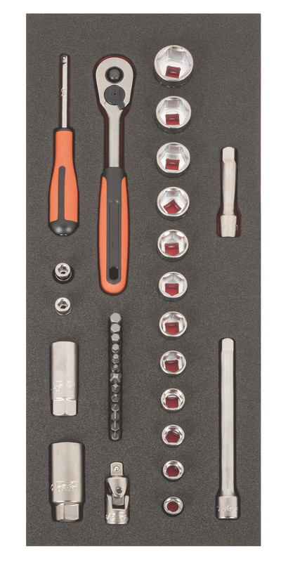 3/8" S-Line sockets and bits set 33pcs S330 Fit&Go 1/3 - ratchet - sockets 10-22mm - 2x extensions - flex joint - sparkplug sockets 16mm, 21mm - screwdriver handle - 13x bits