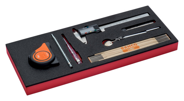 Tools set 7 pcs in foam (feeler gauge, digital caliper, scriber, mirror, tester, tape and wooden rule)