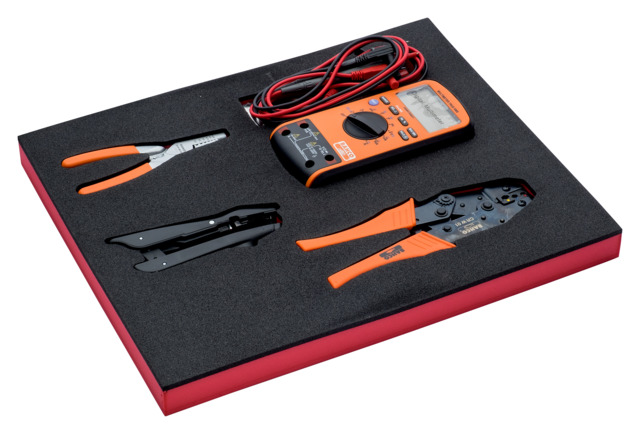 Multimeter, automatic stripper, ratcheting and normal crimping pliers in foam inlay 35x362x445mm