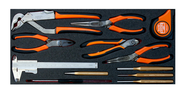 Side cutting, combination and slip joint pliers, measuring tape, caliper, drift punches set 12 pcs in foam inlay for toolbox 1483K and 1483KHD