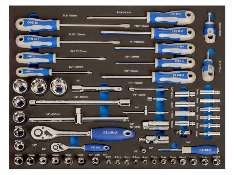 Screwdriver and socket set 1/4 + 1/2" 60pcs 3/3 foam Irimo