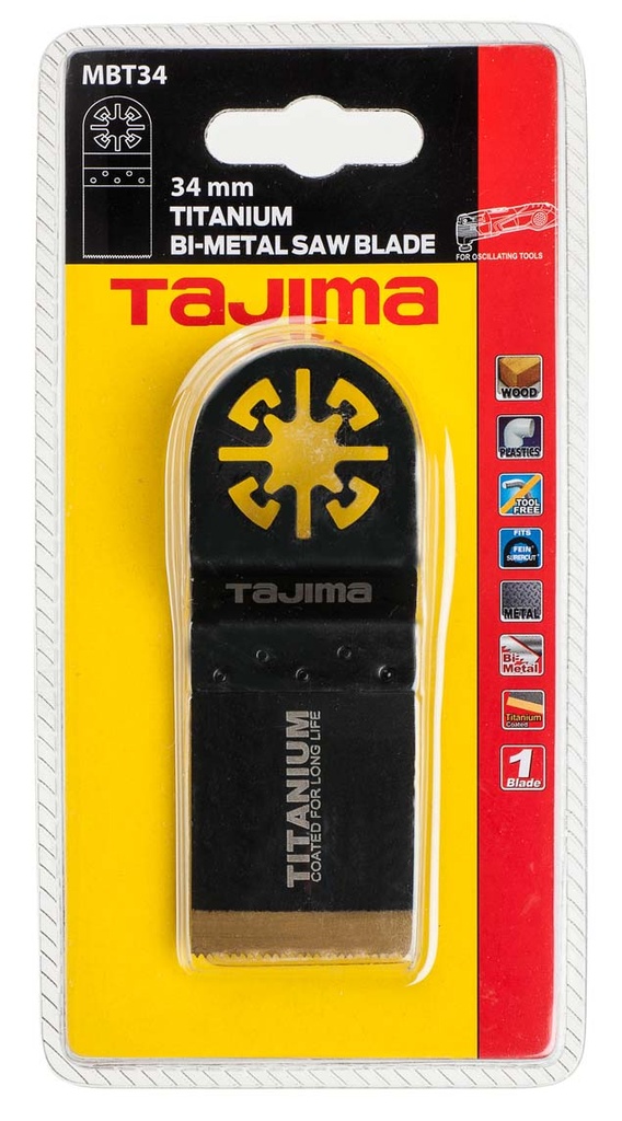 Daudzfunkcionāls bimetāla zāģa asmens ar titāna pārklājumu, 34 mm zāģmateriāls. Kokam, plastmasai un metālam