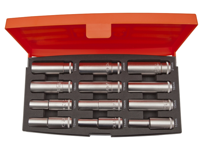 Deep hexagon socket set 10-21mm 1/2" 12 pcs