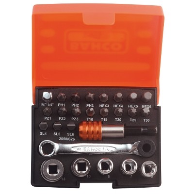 Sockets 6-13mm and bits PH,PZ,SL,HEX,TX set 26 pcs
