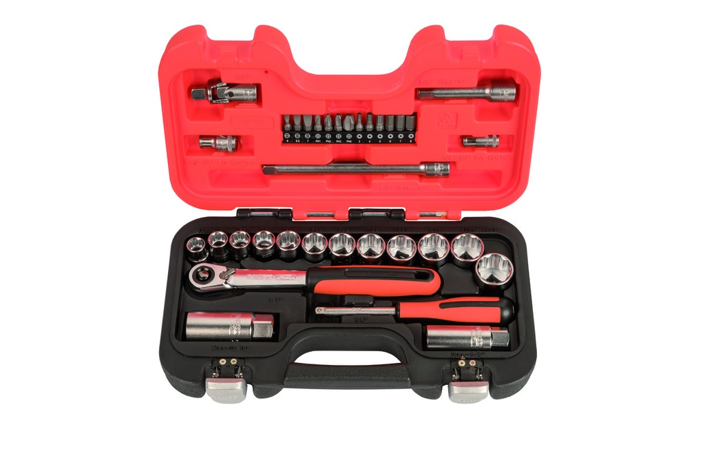 Muciņu komplekts 10-22mm, 1/4´´ + 3/8´´, 34 gab ar šauro sprūdatslēgu