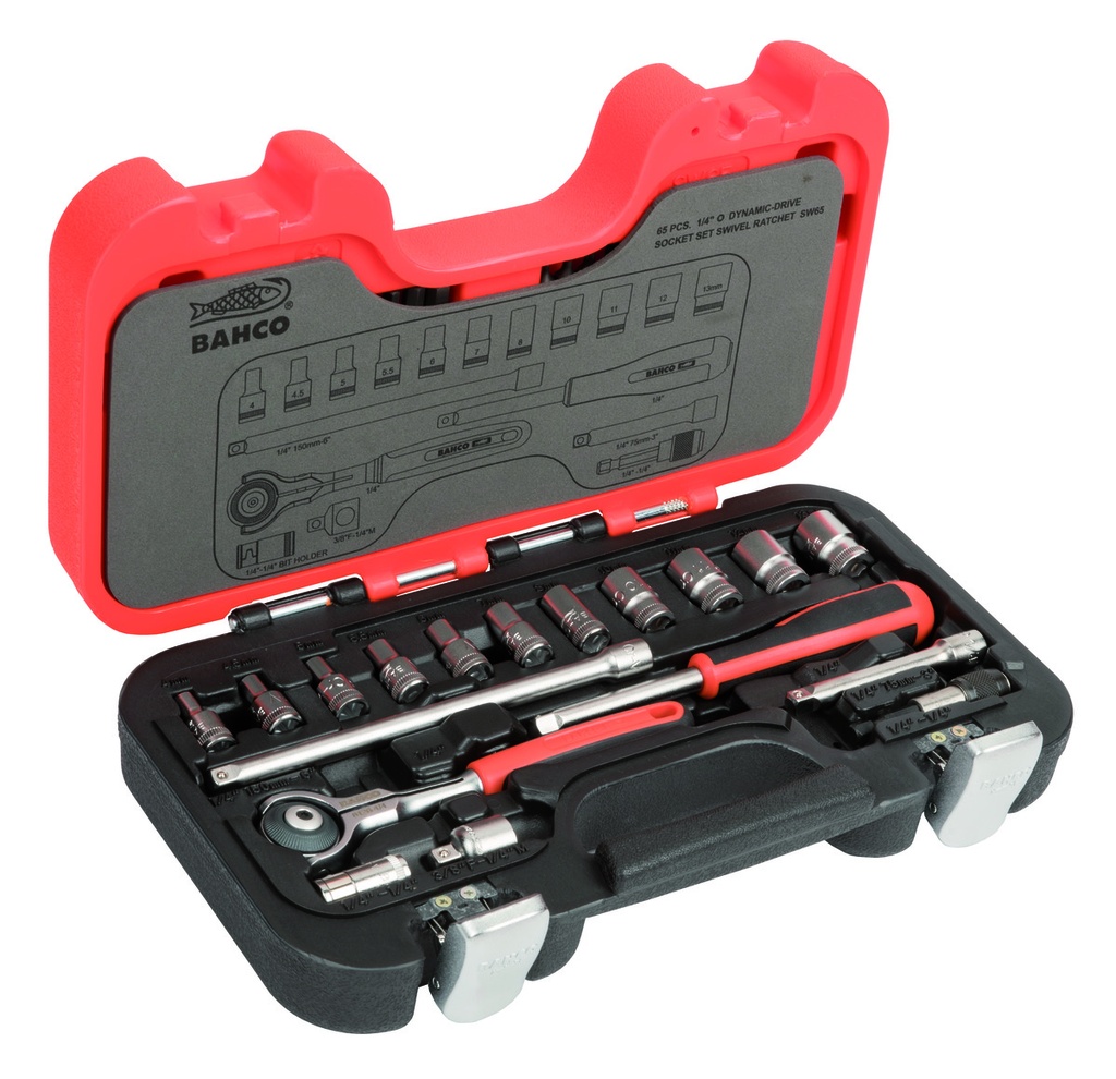Socket set 1/4" 4-13mm sockets, swivel head ratchet + long and short bits. 65pcs