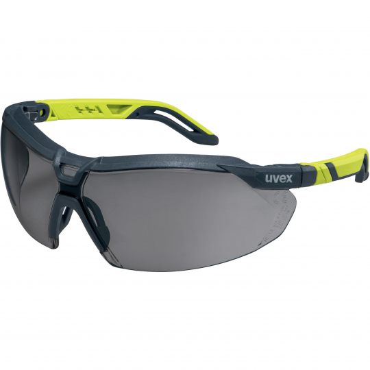 Safety spectacle Uvex i-5, grey lense, supravision excellence coating (anti-fog inside, anti-scratch outside), vertical and horizontal inclination of ear piece, anthracite/lime